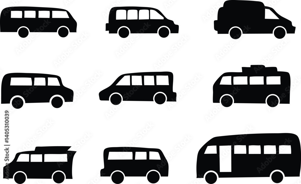 Silhouette Icon Set of Various Bus and Van Types in Minimal Style Silhouette Icon Set of Various Bus and Van Types in Minimal Style