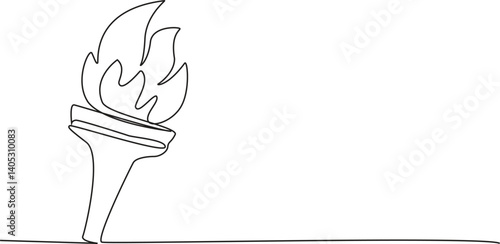 Torch with flame, one line continuous. Torch and fire line art view. Hand drawn vector art Illustration.