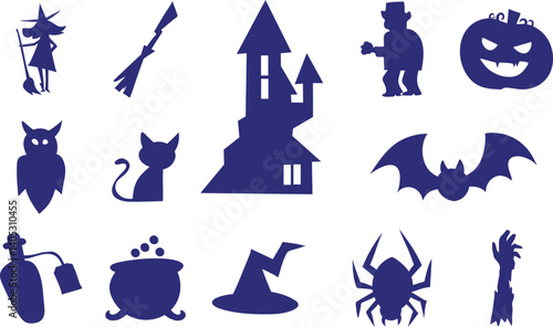 Spooky Halloween Silhouette Icon Set in Flat Style