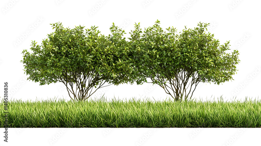 Obraz premium PNG of Two lush green bushes stand amidst a vibrant grassy area, exuding a tranquil, natural beauty.