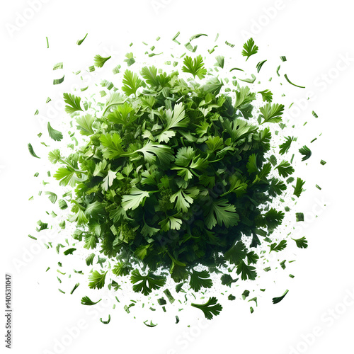 Vibrant chopped dry parsley leaves floating mid-air, isolated on crisp white background, ultra-realistic, clipping path included, perfect for food packaging and culinary design