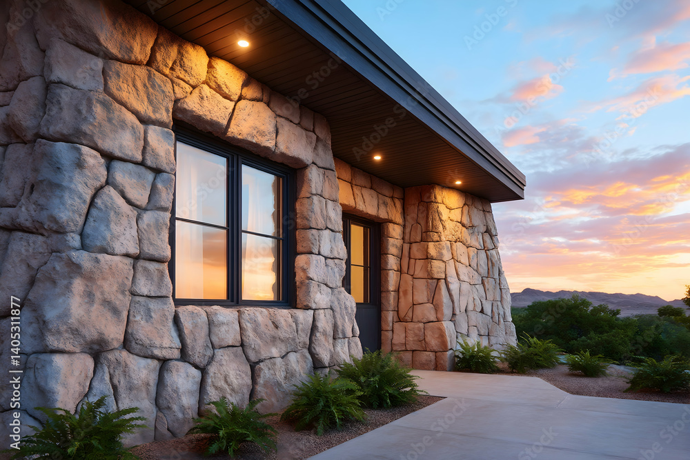 Sunset view of modern stone house exterior. Generative AI Sunset view of modern stone house exterior. Generative AI