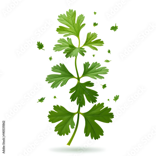 Vibrant chopped dry parsley leaves floating mid-air, isolated on crisp white background, ultra-realistic, clipping path included, perfect for food packaging and culinary design