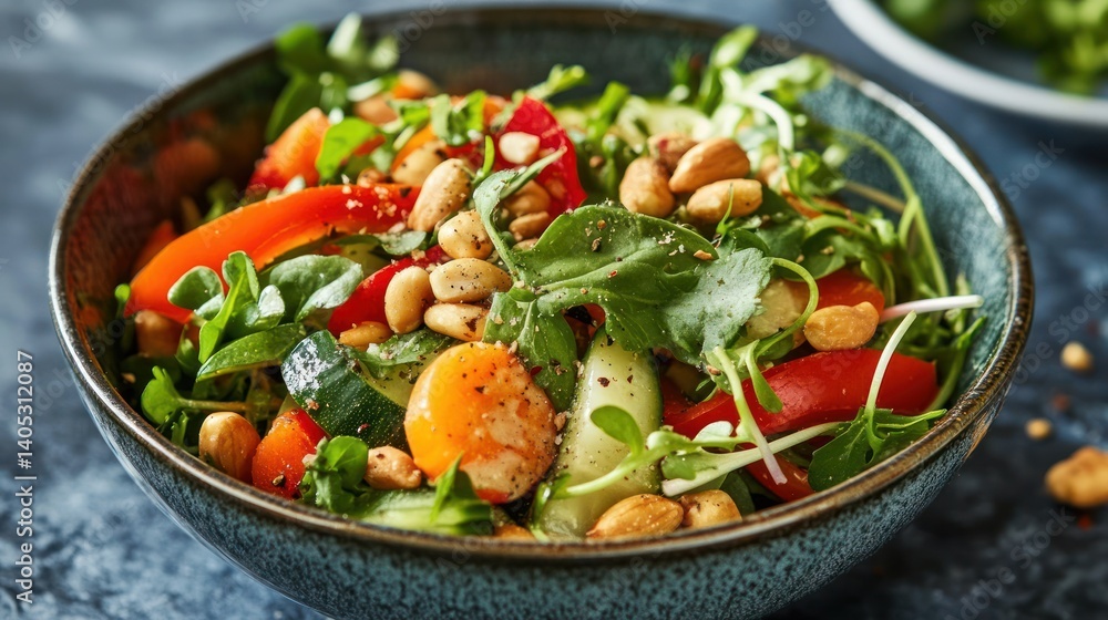 Vibrant summer salad featuring fresh vegetables and crunchy nuts in rustic bowl Vibrant summer salad featuring fresh vegetables and crunchy nuts in rustic bowl