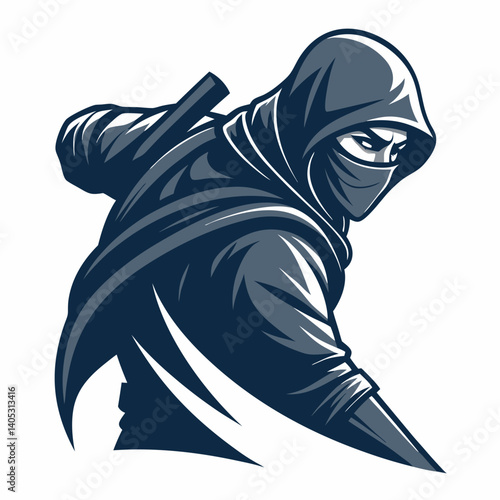 Create a vector illustration of a masked assassin, featuring a bold, dark stroke style. Emphasize sharp lines and dramatic shadows.