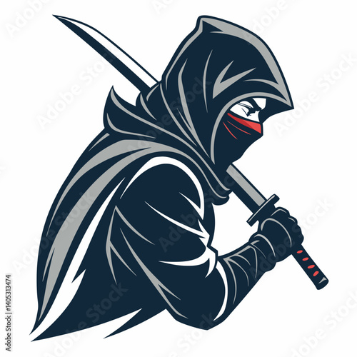 Create a vector illustration of a masked assassin, featuring a bold, black stroke. Emphasize the character's stealthy and mysterious nature.