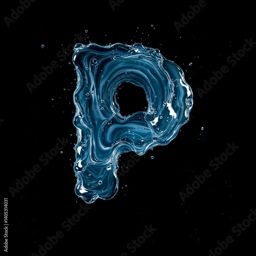 Letter P Made of Splashing Water on Black Background – 3D Liquid Typography Concept