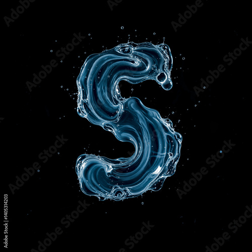 Letter S Made of Splashing Water on Black Background – 3D Liquid Typography Concept