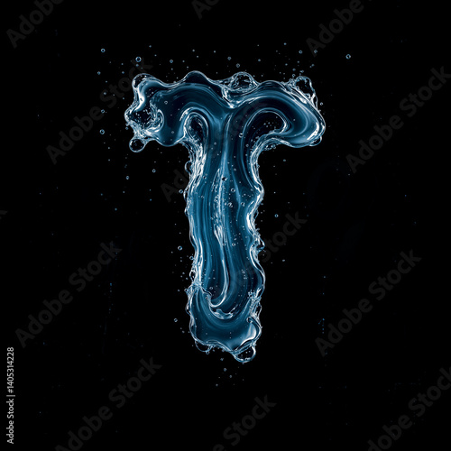 Letter T Made of Splashing Water on Black Background – 3D Liquid Typography Concept