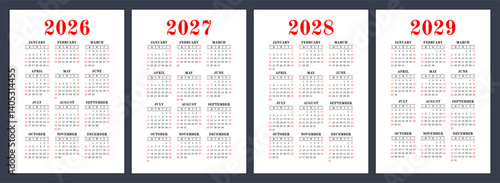 2026, 2027, 2028 and 2029 year calendar set. Color vector pocket calender design. January, February, March, April, May, June, July, August, September, October, November, December