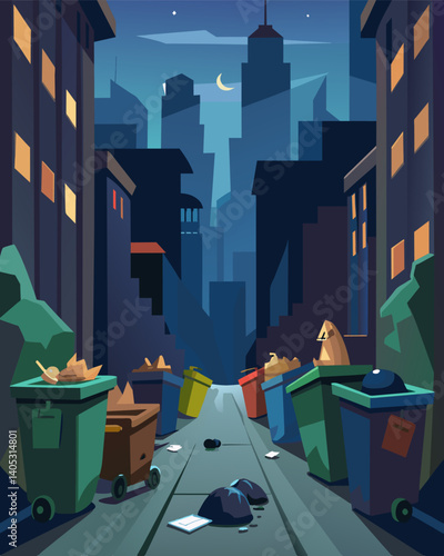 Trashstrewn alleyways and overflowing garbage bins reflect the grim reality of an overcrowded city bursting at the seams.. Vector illustration