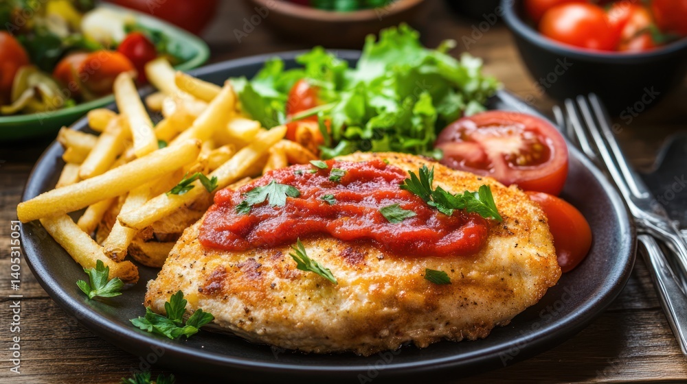 Grilled chicken with tomato sauce accompanied by french fries and fresh salad Grilled chicken with tomato sauce accompanied by french fries and fresh salad
