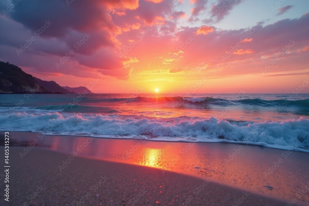 Fototapeta premium Vibrant sunset hues wash over sandy beach, gentle waves , abstract, blue