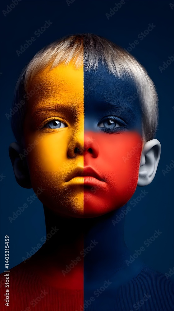Artistic portrait of a child with half-painted face in vibrant colors Artistic portrait of a child with half-painted face in vibrant colors