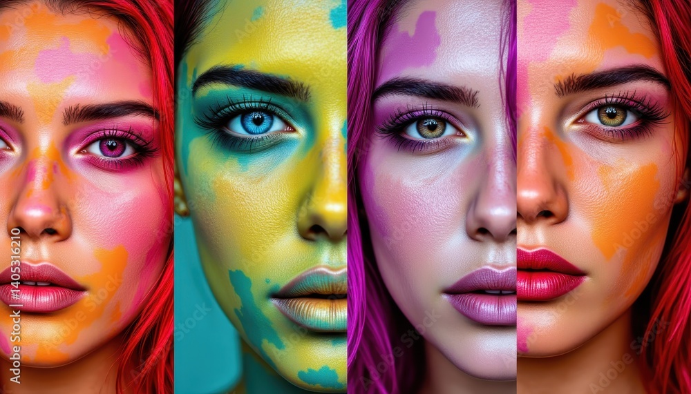 Fototapeta premium Colorful Women Face Collage Contemporary Art Urban Studio Vibrant Expressions Close-Up View Artistic Concept