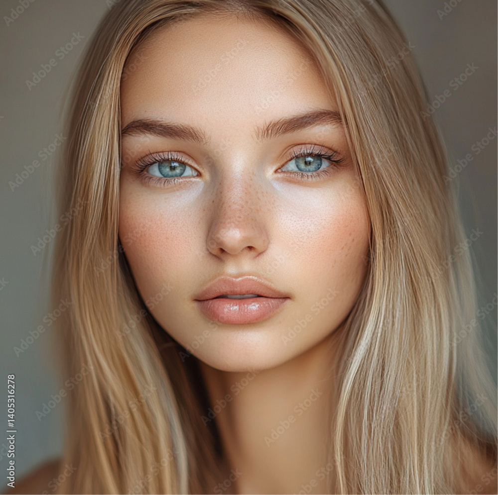 Naklejka premium portrait of a 24-year-old Ukrainian woman, long straight blonde hair. Her skin is smooth, clear, and naturally tanned, full lips, large light blue eyes with long eyelashes, and a small, delicate nose