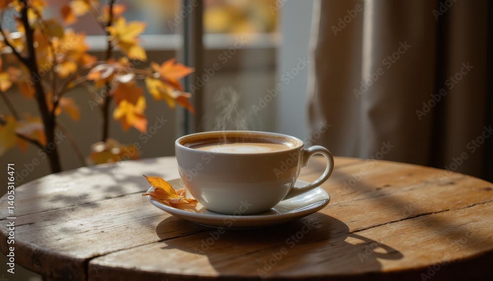 Obraz premium Cozy Coffee Moment at a Wooden Table Surrounded by Autumn Leaves Warm Atmosphere Home Setting Natural Light