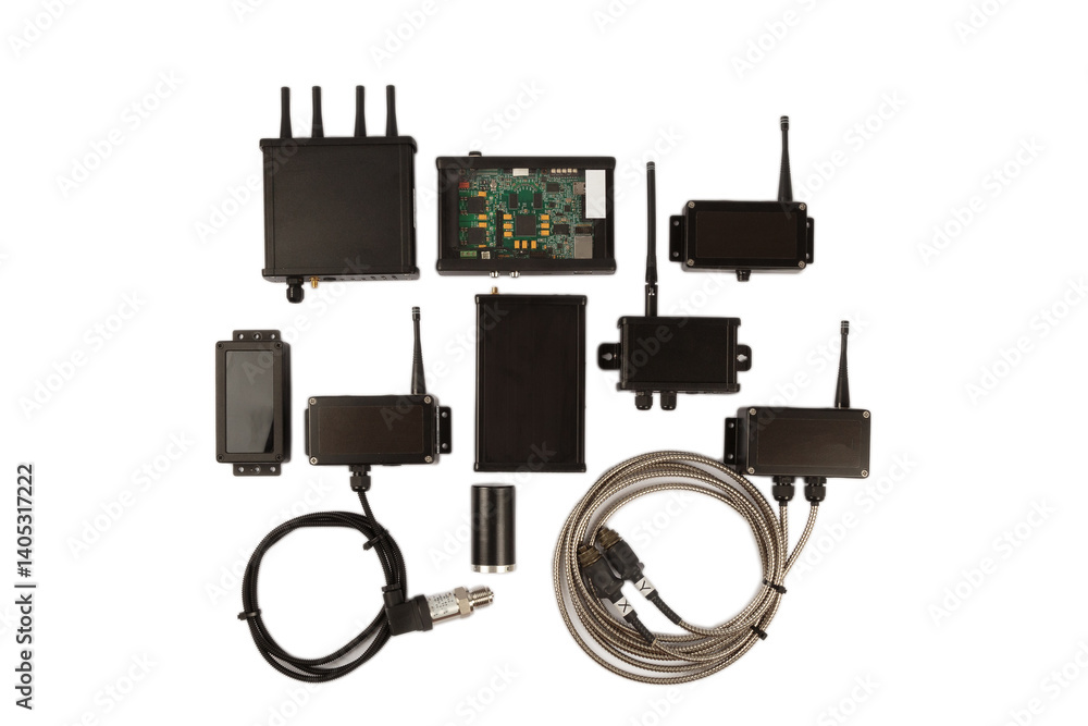 Modern electronic circuits on a white background, a set of various devices