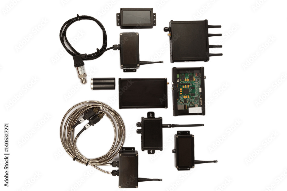 Modern electronic circuits on a white background, a set of various devices