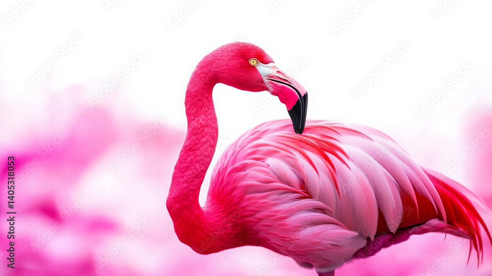 Fototapeta premium Bright pink flamingo isolated, standing elegant and graceful, looking content