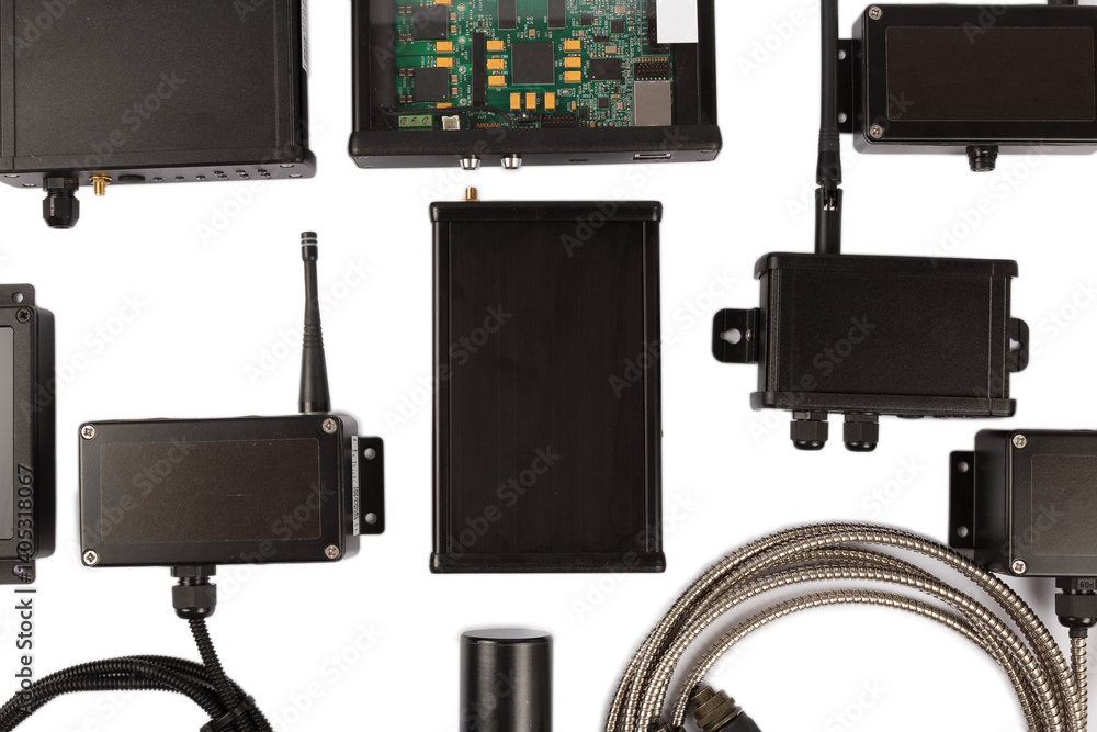 Modern electronic circuits on a white background, a set of various devices
