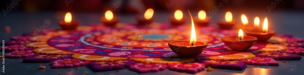 Glowing diyas illuminate a rangoli pattern Festive Diwali celebration , shine, lights Glowing diyas illuminate a rangoli pattern Festive Diwali celebration , shine, lights