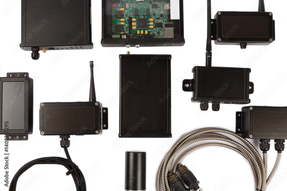 Modern electronic circuits on a white background, a set of various devices