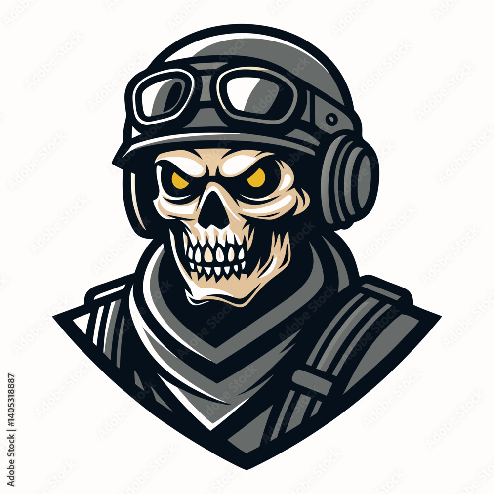 Create a vector illustration of a skull-faced soldier with a bold, black stroke. The skull should be detailed. Create a vector illustration of a skull-faced soldier with a bold, black stroke. The skull should be detailed.
