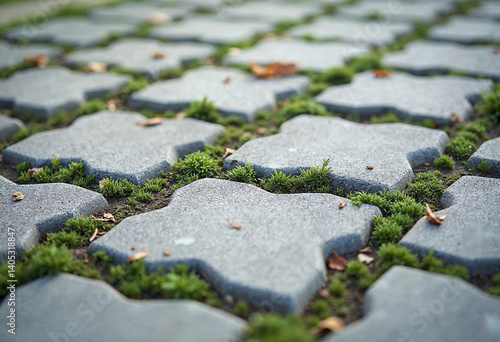 Close-Up of Interlocking Concrete Pavers with Grass – Natural Urban Texture