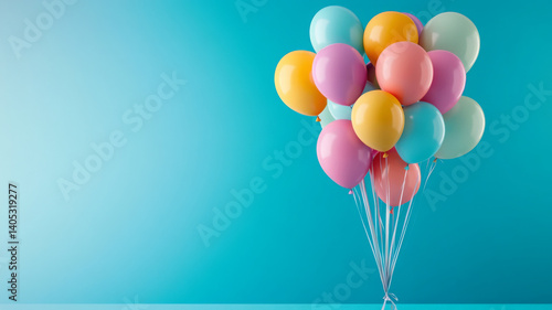 Colorful balloon bouquet floats cheerfully against blue backdrop