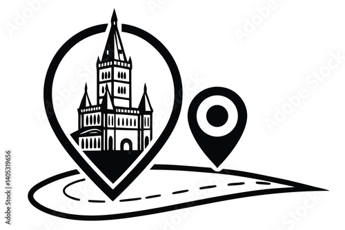 Vector art of a map location pin icon in house and travel symbol of the city, a famous landmark illustration