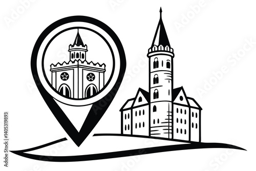 Vector art depicts an old medieval castle and church building with tower architecture