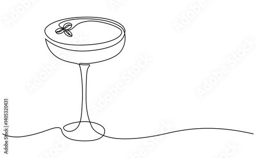 Espresso martini line art. Line drawing of cocktail glass. Continuous one line drawing. Vector illustration with EDITABLE stroke. Isolated on transparent background.