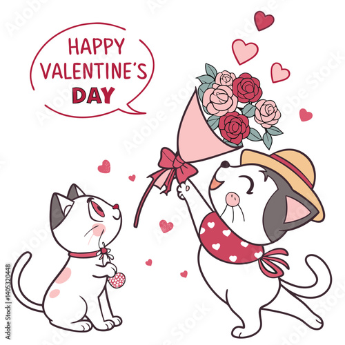 Cute cats exchange Valentine's Day gifts with flowers