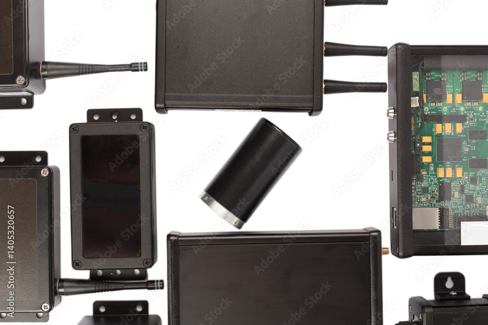 Modern electronic circuits on a white background, a set of various devices