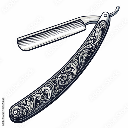 Create a vector illustration of a vintage straight razor with a bold, black stroke.  The design should have a retro feel.