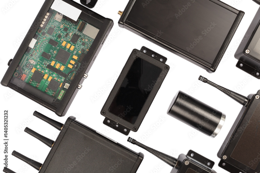 Modern electronic circuits on a white background, a set of various devices