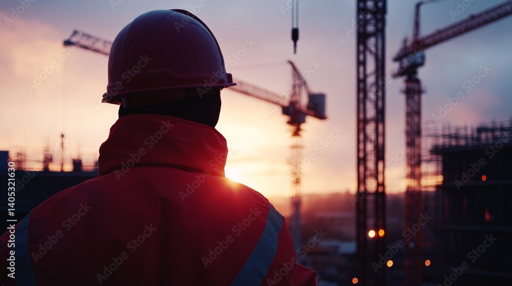 Construction worker operating a crane on a busy building site. Featuring precision and expertise