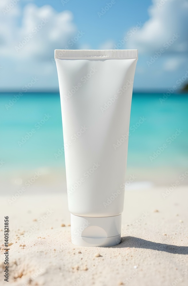 White cosmetics tube mockup for cream or lotion, sunscreen standing on a sand. On the background is blue sea. Product demonstration or advertising. White cosmetics tube mockup for cream or lotion, sunscreen standing on a sand. On the background is blue sea. Product demonstration or advertising.