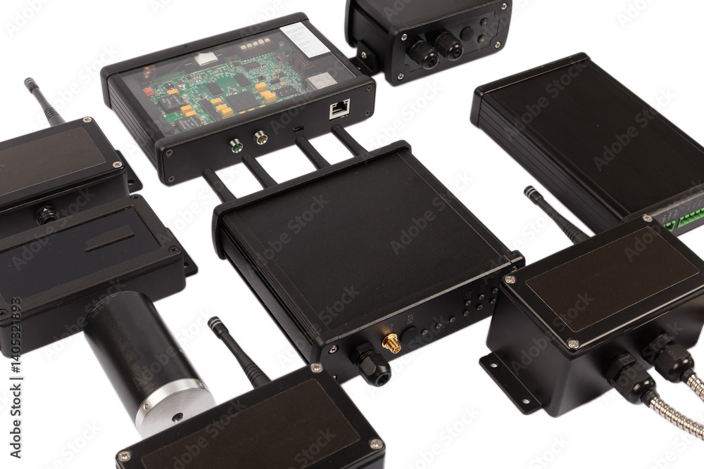 Modern electronic circuits on a white background, a set of various devices