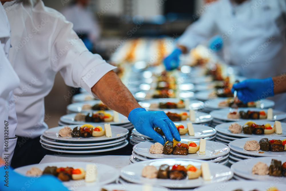 A long table prepared by a catering company for a special invitation. Plates are being filled one by one for service.
