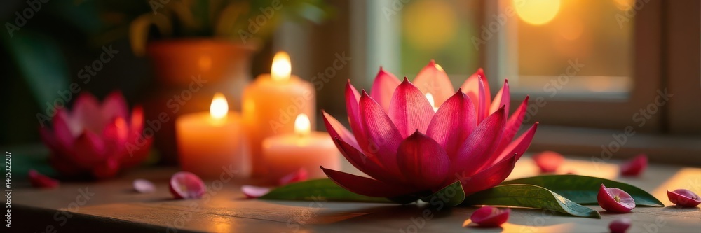 Fototapeta premium Sunlit home, protea arrangement, burning candles, light, floral, interior