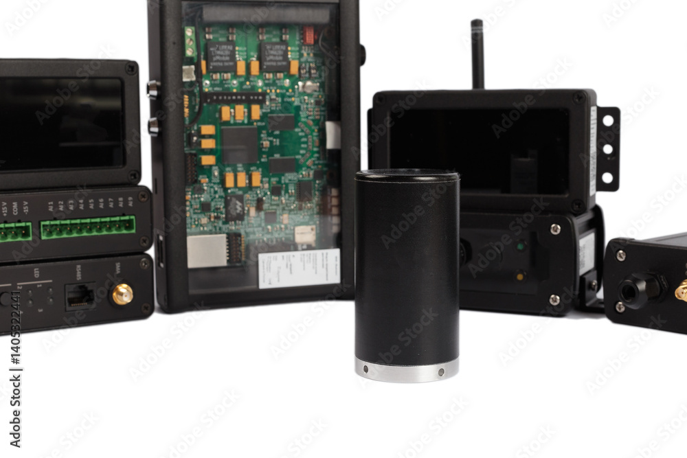 Modern electronic circuits on a white background, a set of various devices