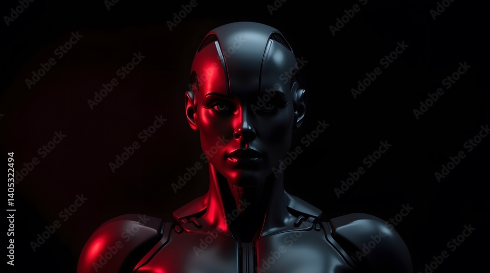Futuristic female robot head and shoulders in dramatic red lighting. Concept for AI, technology, and the future. Best for tech blogs, sci-fi visuals, and digital art. Futuristic female robot head and shoulders in dramatic red lighting. Concept for AI, technology, and the future. Best for tech blogs, sci-fi visuals, and digital art.
