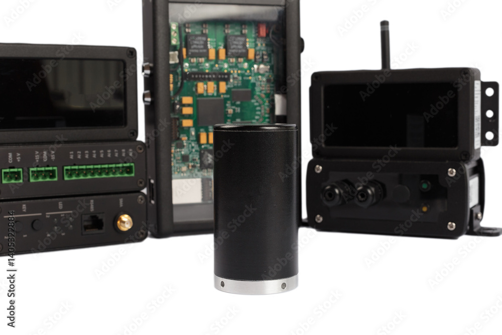 Modern electronic circuits on a white background, a set of various devices