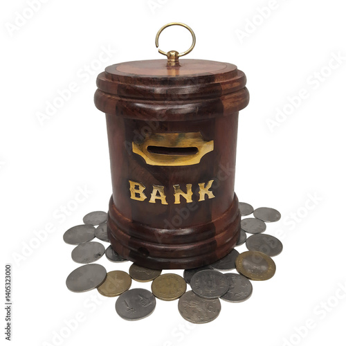 Wooden piggy bank for kids on a plain white background.