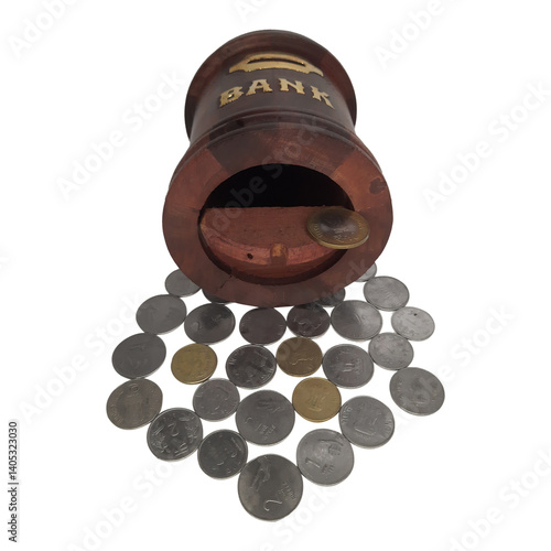 Wooden piggy bank for kids on a plain white background.