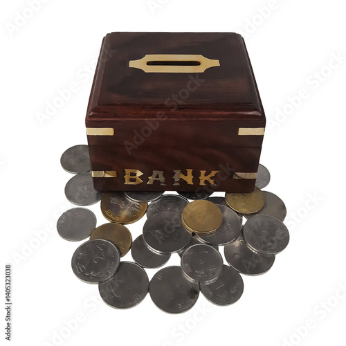 Wooden piggy bank for kids on a plain white background.