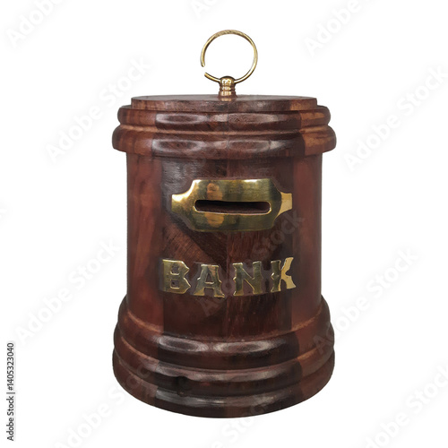 Wooden piggy bank for kids on a plain white background.