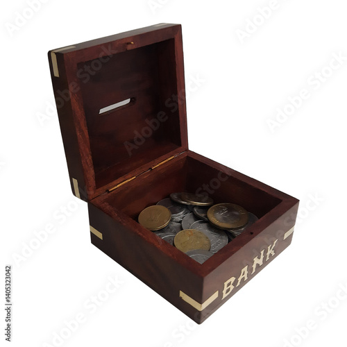 Wooden piggy bank for kids on a plain white background.